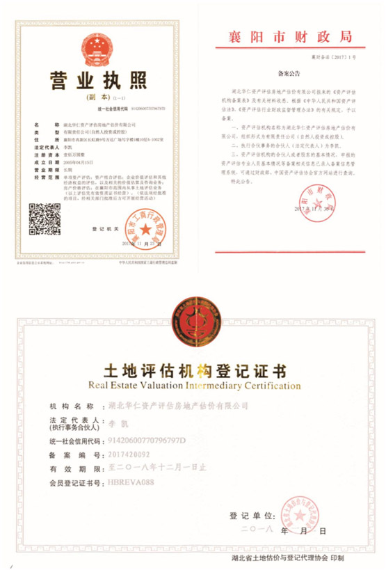華仁資產(chǎn)評估房地產(chǎn)估價有限公司營業(yè)執(zhí)照、資產(chǎn)評估備案公告、土地評估機構(gòu)登記證書.jpg
